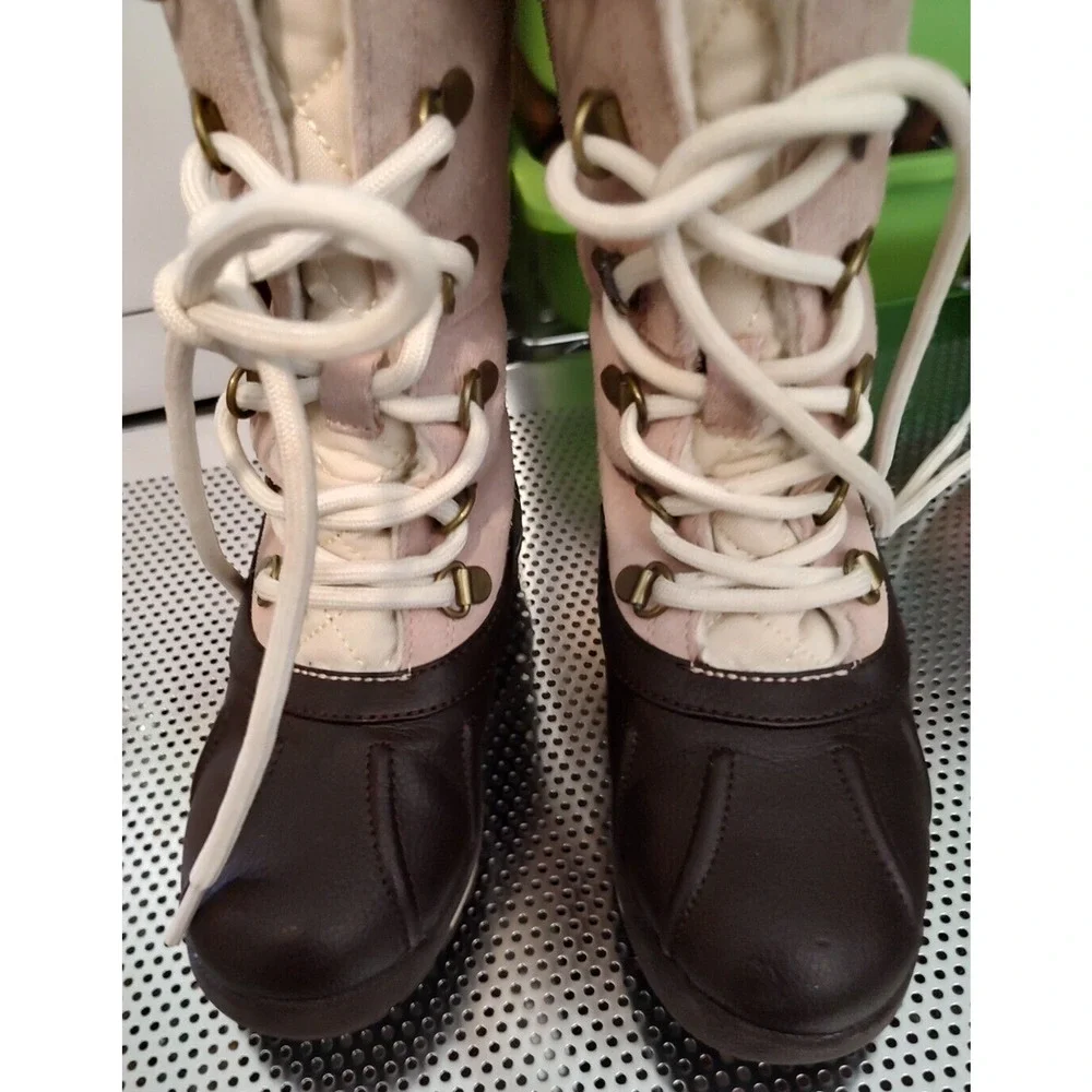 Lands End Kids Lace up All Weather Boots Leather & Suede and Faux Shearling‎ 10